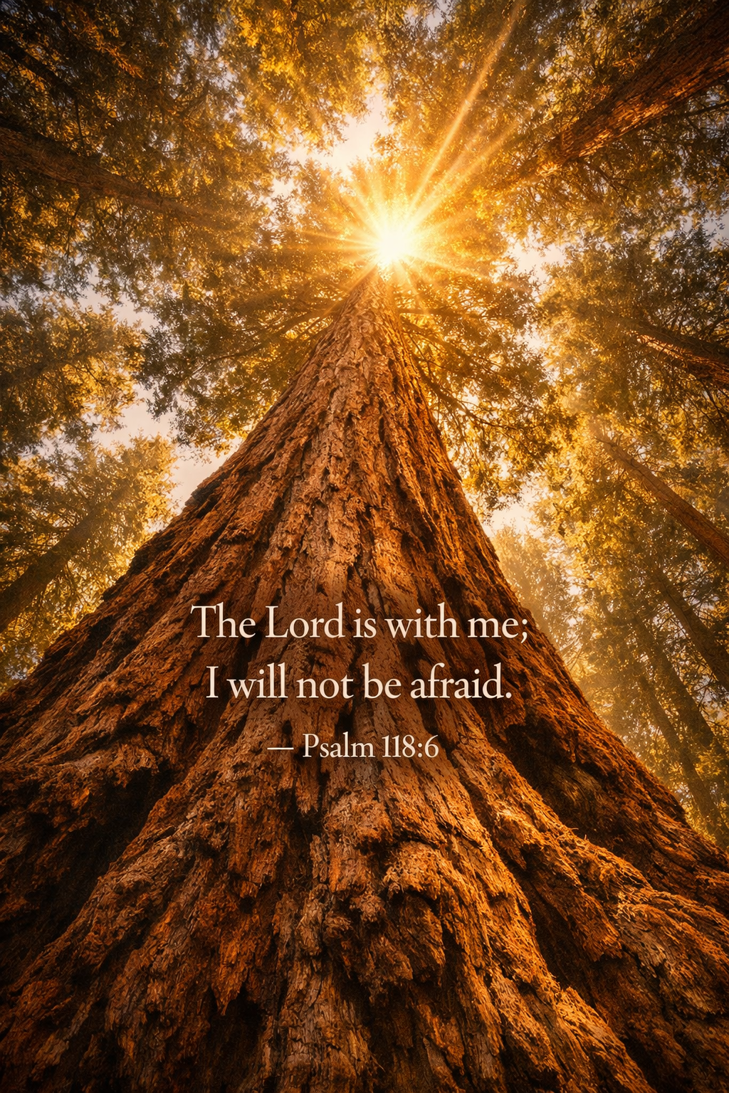 Psalm 118:6 Bible verse phone wallpaper - The Lord is with me I will not be afraid - looking up through giant redwood canopy